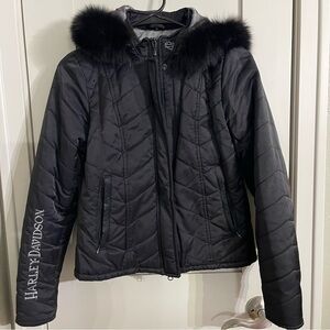 Harley Davidson Quilted Black Jacket Puffer Faux Fur Hood Womens Small